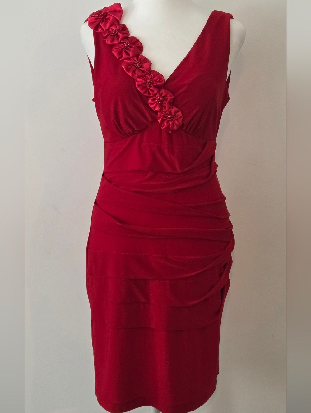 Jessica Red V-Neck Floral-Trim Midi Dress